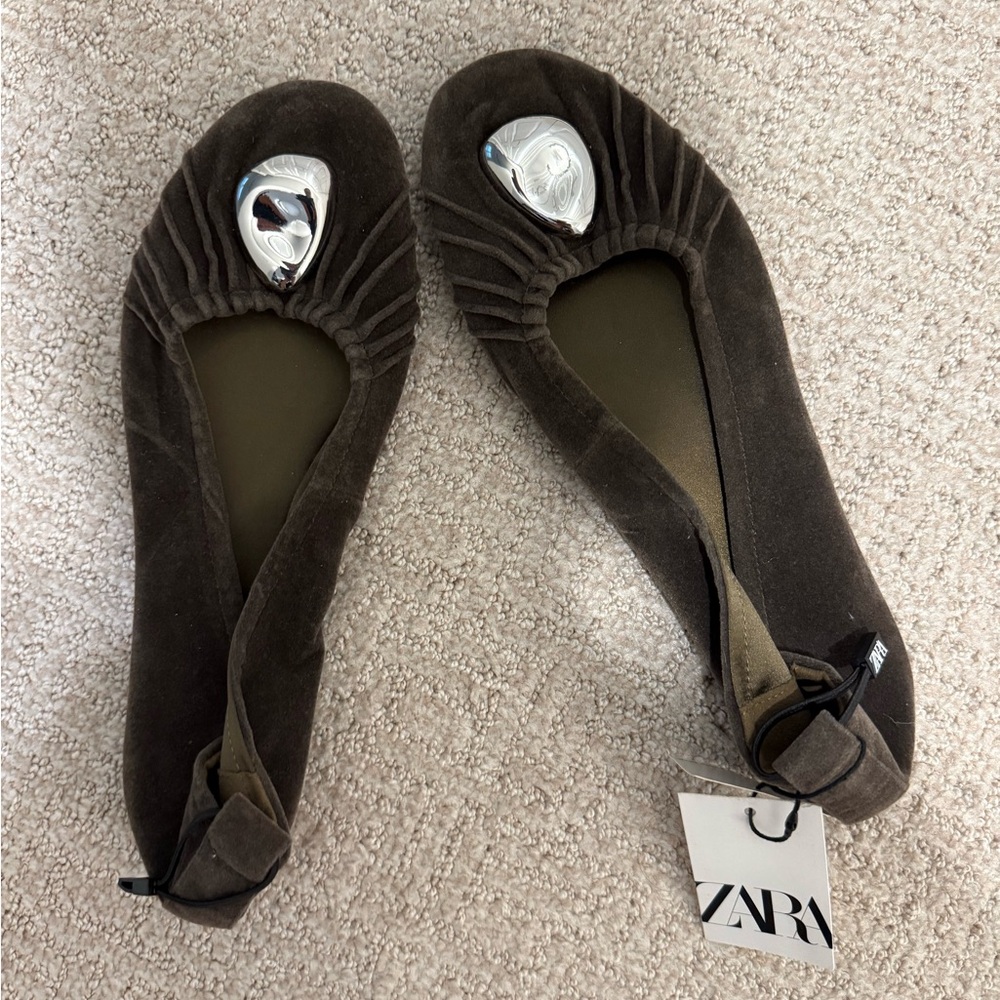 Zara Dark Brown Suede Flats with Silver Accents